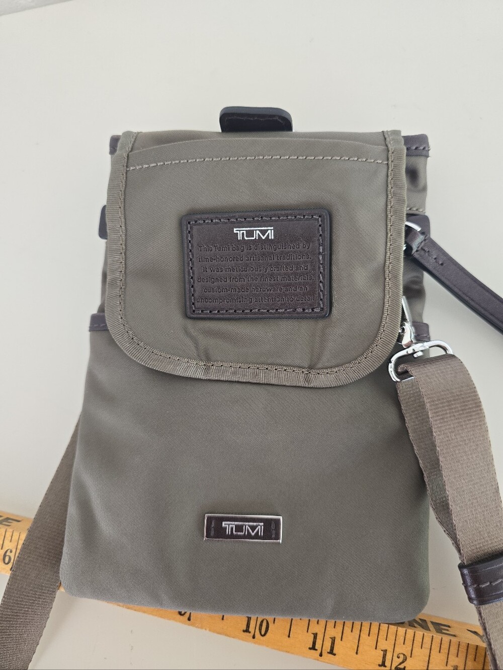 Tumi Travel Crossbody Pouch Nylon Leather Trim Green Brown Color Mini Size - Picture 12 of 12